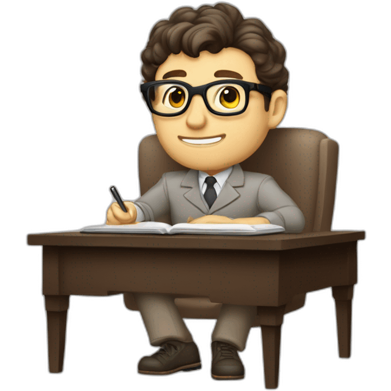 Pale skinned Fit Man With dark brown hair in gray jacket, beige office shirt, Brown pants and vintage glasses sitting In a soft chair with a notebook on spring with emblem Ψ and a pen emoji