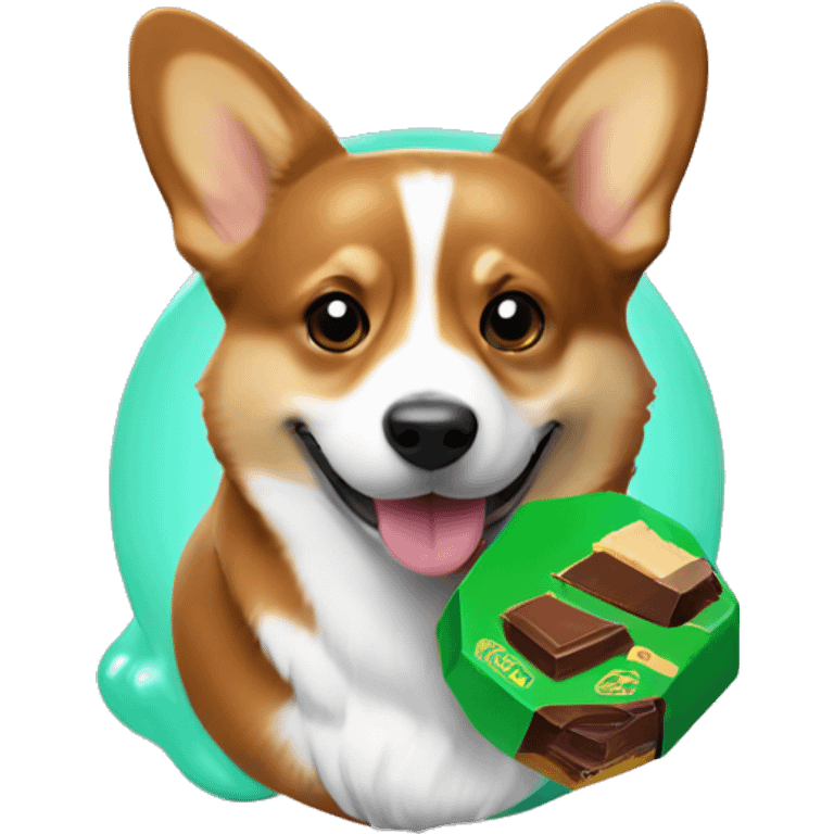 a corgi next to “dubai chocolate” which is a brown chocolate with a green filling inside it emoji