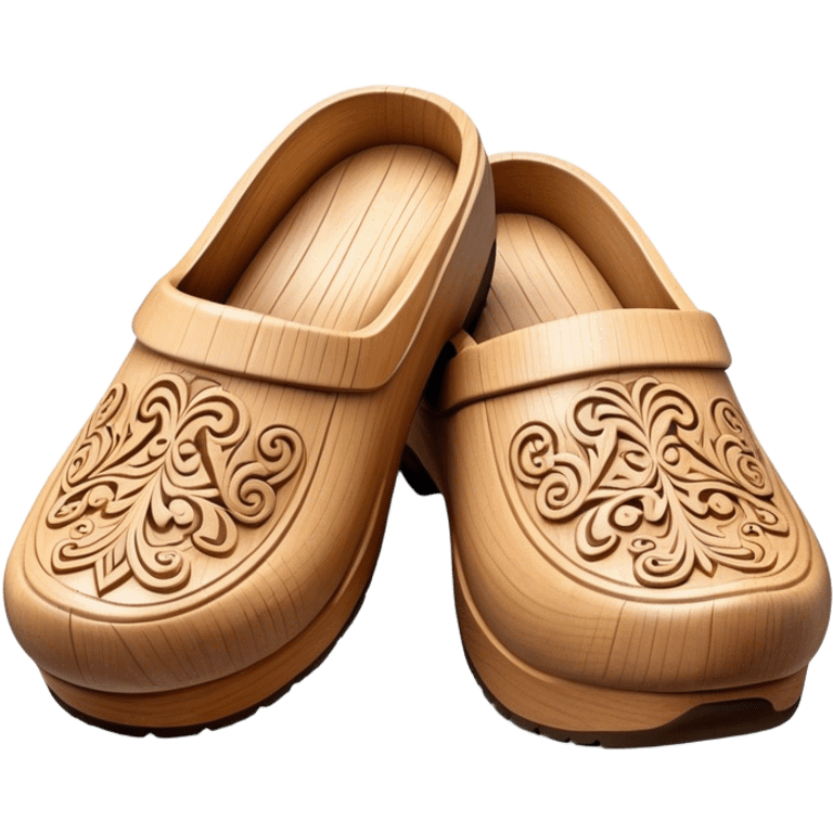 Cinematic Realistic Wooden Clogs Emoji, depicted as a pair of traditionally carved wooden clogs with intricate details and rustic charm. emoji