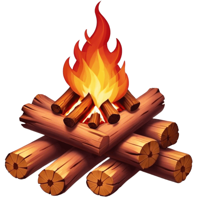 Cinematic Realistic Campfire, a roaring flame crackling atop carefully arranged logs, embers glowing deep red, golden light casting soft flickering shadows, gentle smoke drifting upwards, glowing with warmth and coziness. emoji