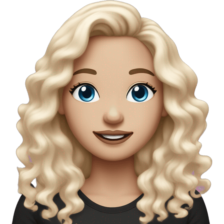 An adult white-skinned woman, with makeup, smiling, face with pink and purple glitter, blue eyes, long wavy ombre hair from brown to blonde, ring earrings, black T-shirt. emoji