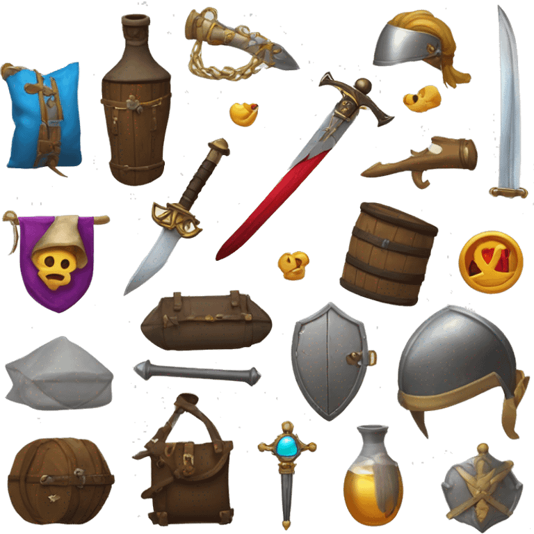 sign that says Laz's Luxeries. And includes a sword, rapier, bag full of items, potions, armour and a pistol. emoji