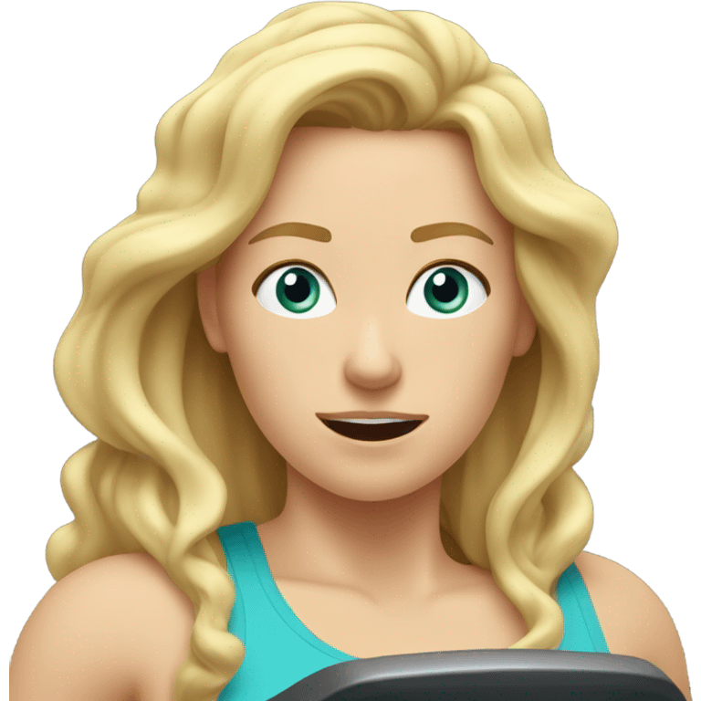 White woman, long hair, blonde hair, wavy hair, treadmill, sweating emoji