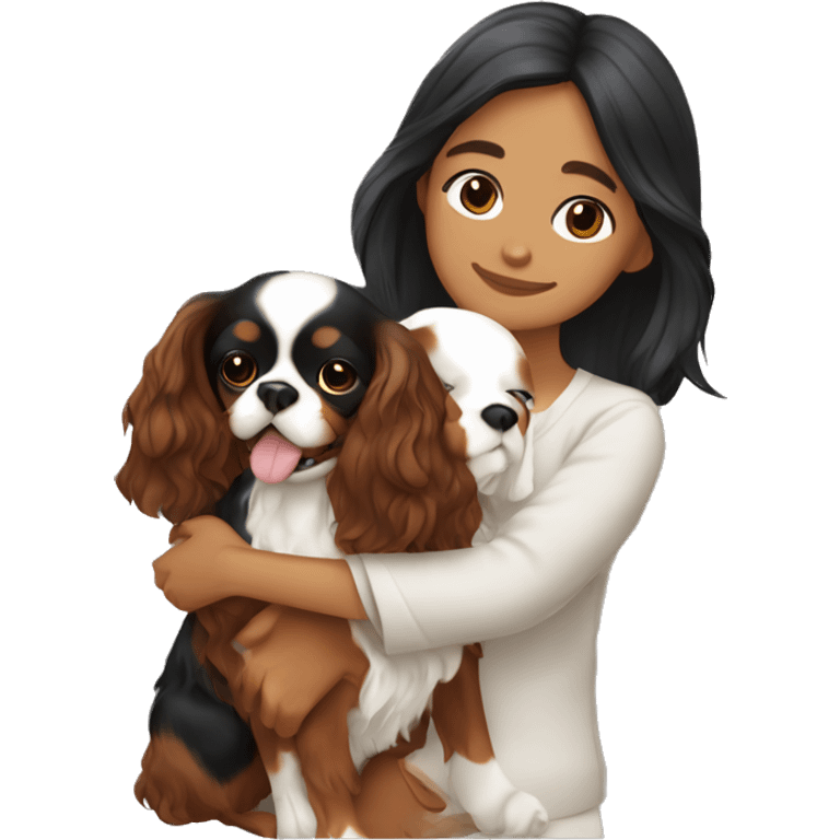 asian girl hugging black and brown cavalier king charles spaniel  emoji