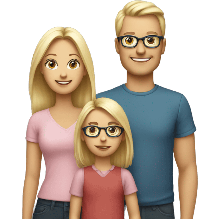 Mom and dad with glasses and their kids, blond girl and a boy. emoji