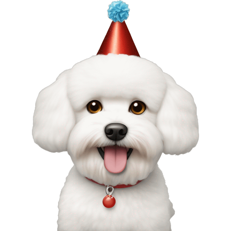 A white fur bichon frise with brown fur at the end of the ear and red nose with a birthday party hat and reddish eyes emoji