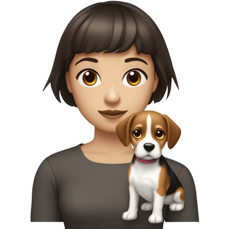 girl brunette with short hair with bangs and blue eyes holding a beagle with dark eyes  emoji