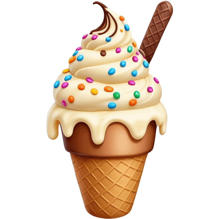 Cinematic scoop of rich, creamy ice cream, slightly melting, smooth swirls of chocolate and vanilla, colorful sprinkles on top, warm glowing background, playful and inviting. emoji