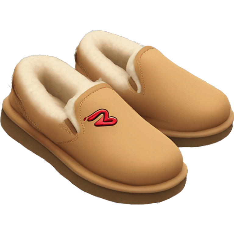 Ugg Camel slip-on slippers. red zig-zag stitch line encircling ankles, very chunky only platform sole. emoji