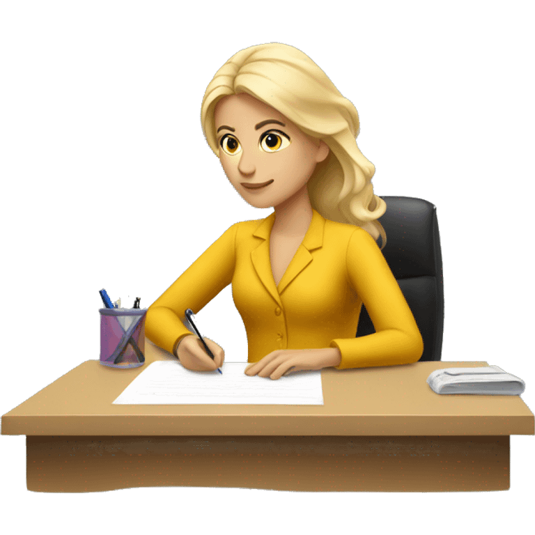 a blonde woman writing on a desk in her office
 emoji