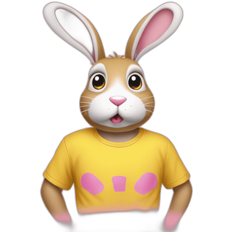 it-was-not-me,-i-am-innocent.-portrait-of-confused-nervous-pink-rabbit-raising-paws-up-in-surrender-and-staring-wearing-yellow-teeshirt emoji