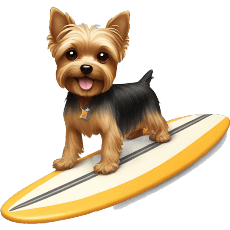 A Yorkie dog riding a surf board holding a dog bone emoji