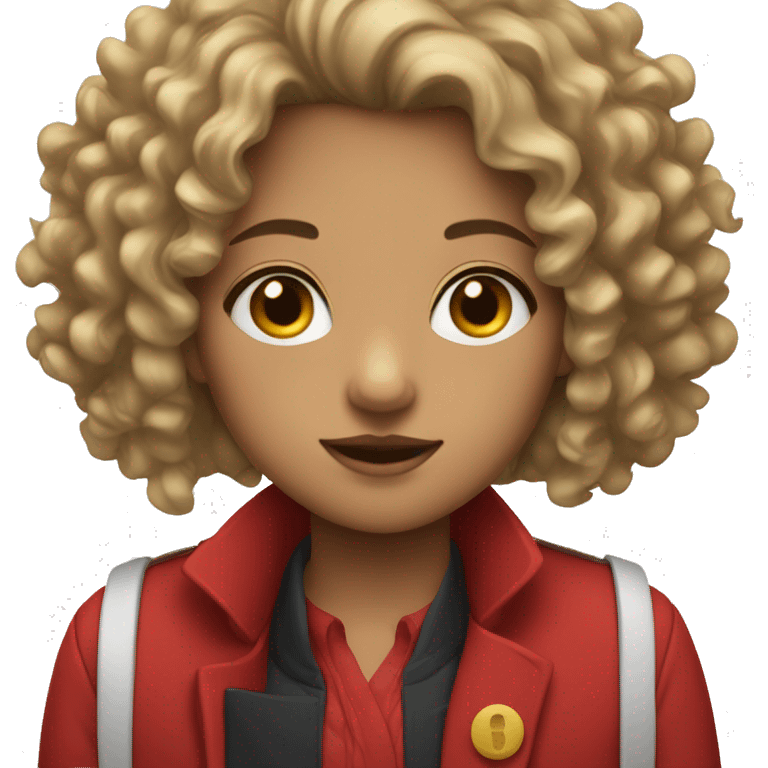 A girl with a red coat and a white shirt under and curly hair emoji