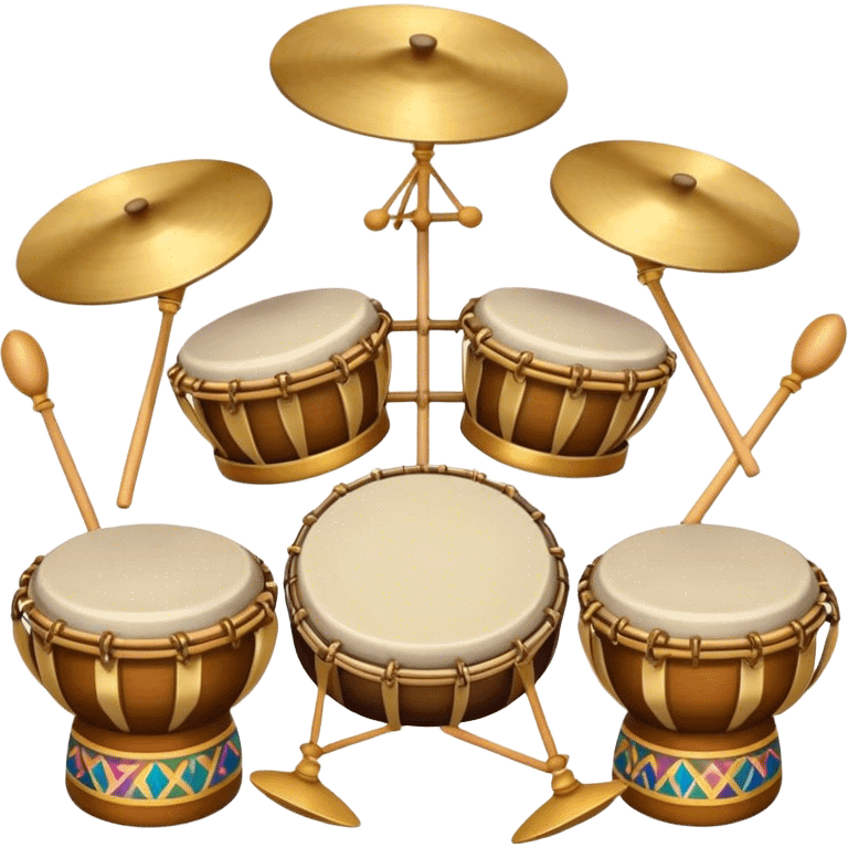 Create a heraldic, festive, and professional emblem-like emoji representing percussion instruments. The design should resemble a traditional crest, featuring a variety of percussion instruments such as cymbals, triangle, tambourine, maracas, timpani, bongo drums, and other traditional folk percussion instruments. Arrange them symmetrically, with cymbals crossing each other, the triangle at the center, and timpani or bongo drums flanking the sides. Include tambourines and maracas prominently, adding rhythm and texture. A flowing ribbon of musical notes should elegantly weave through the instruments, enhancing the sense of movement and celebration. Add intricate decorative patterns on the instruments, along with ornamental swirls, laurels, or flourishes to elevate the festive and heraldic feel. The overall composition should be balanced, harmonious, and visually striking, with an elegant and professional look. The background should be transparent. emoji