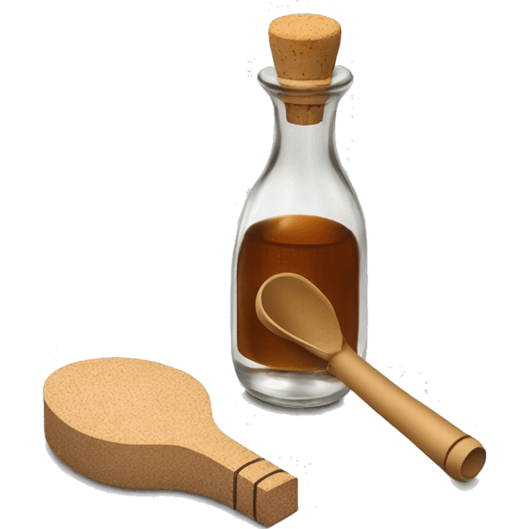 bottle of vinegar with the cork and a nozzle; spoon is laying neat the bottle emoji