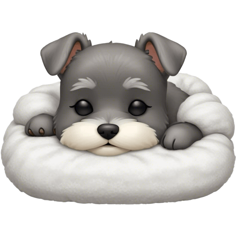 Meme-Worthy Cute Sleeping Miniature Schnauzer Portrait Emoji, Head gently tilted in a relaxed, blissful slumber with a soft, contented smile and eyes tenderly closed, featuring a neat salt-and-pepper fur with charming, relaxed features, simplified yet irresistibly endearing, highly detailed, glowing with a soft, cozy radiance, high shine, exuding gentle, heartwarming charm, styled with a soft glowing outline, capturing the essence of a sleeping Miniature Schnauzer that looks perfectly poised to become a viral icon of adorable rest! emoji