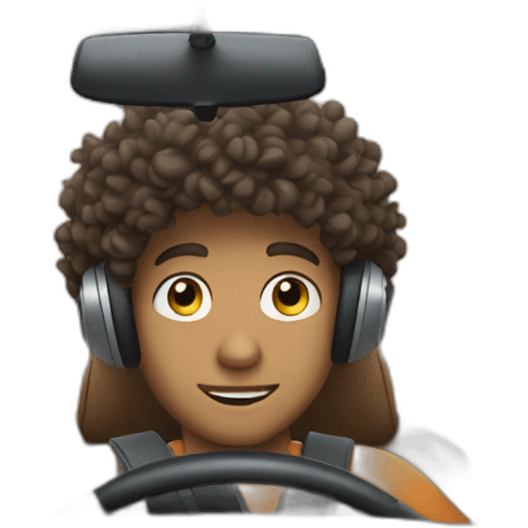 a boy with curly hair driving a car and listening to music emoji