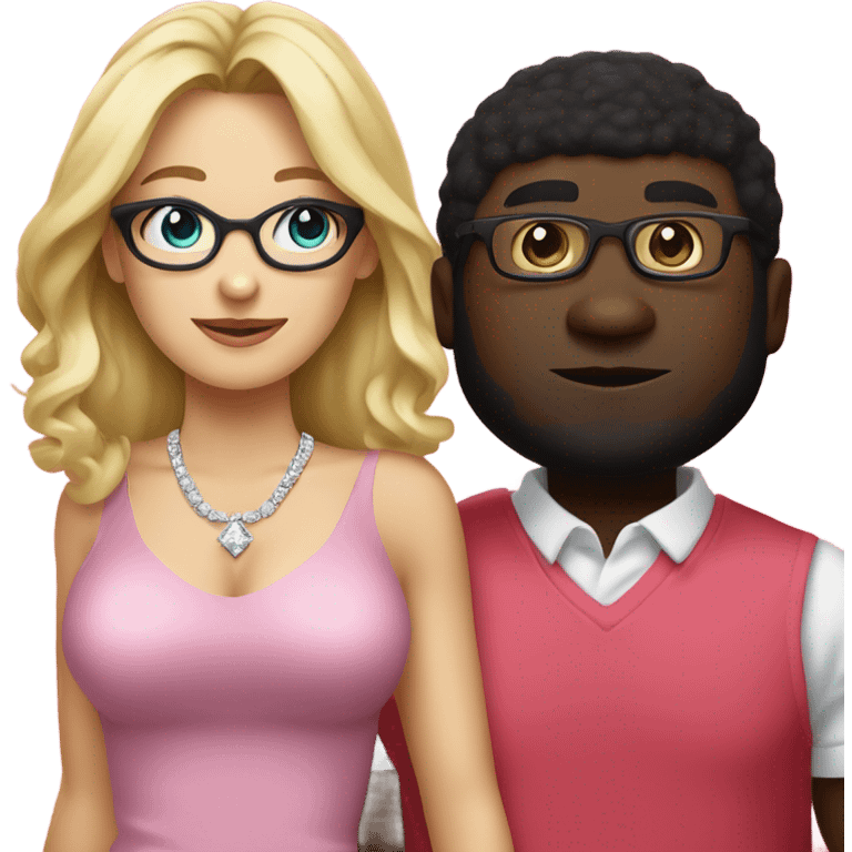 White blonde woman in a pink dress and diamond necklace standing next to emoji black man with glasses wearing red shirt glasses standing next to white eoman emoji