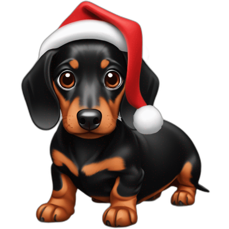 Black and brown miniture dachshund with a red santa hat emoji