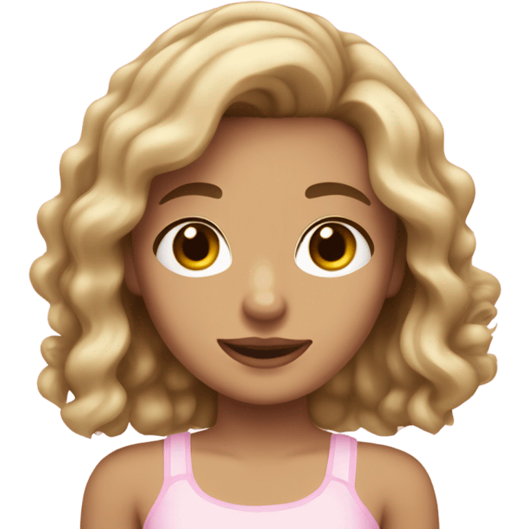 girl with wavy brown hair with blonde chunky streaks, pale, hazel eyes, short, light pink tube top. emoji