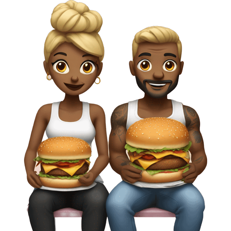 Beautiful tattooed couple eating burgers emoji