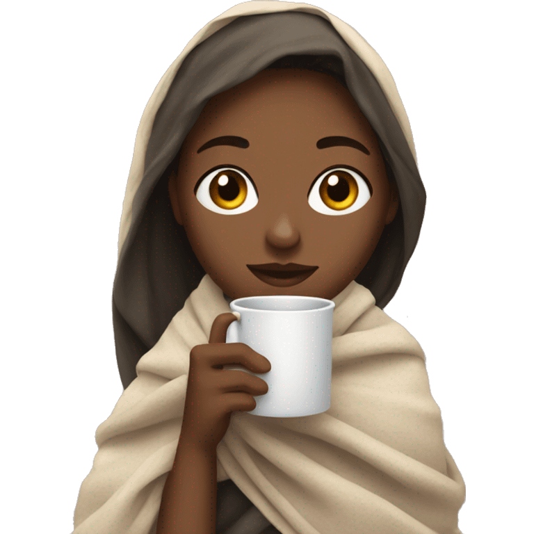 A girl holding a tea cup and wrapped with a blanket emoji