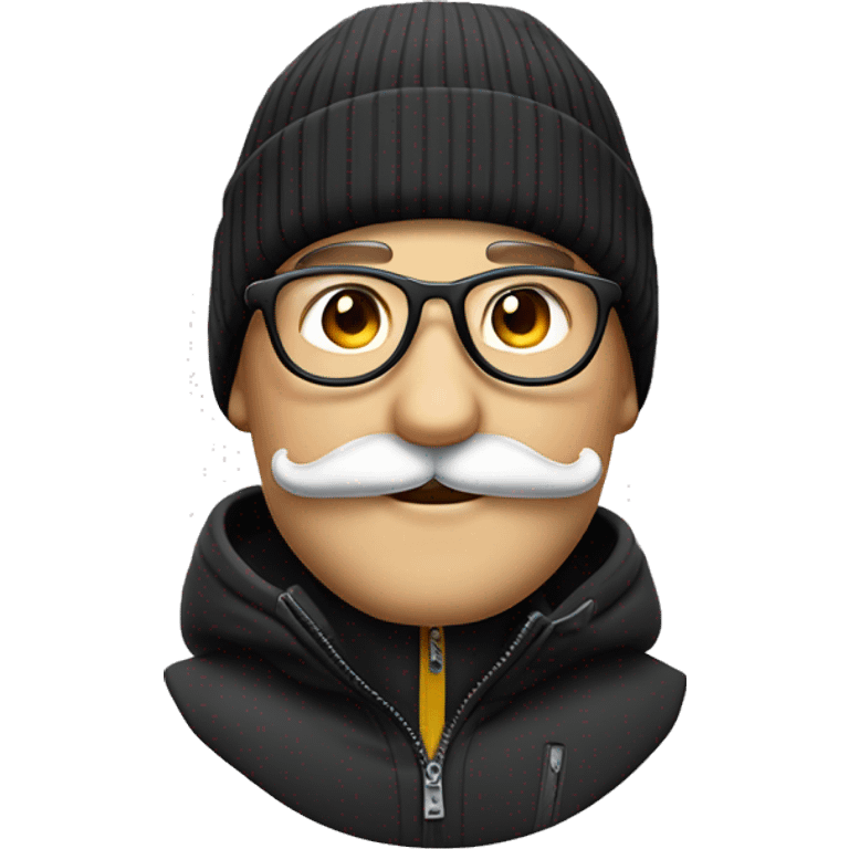 homme blanc sans cheveux avec un bonnet de ski de couleur noir des lunettes et une moustache  emoji