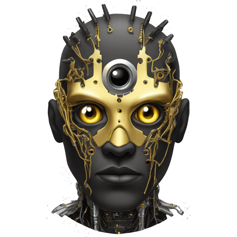 black metal male cyborg head with artificial eyeball, circuitry and wispy yellow gold hair emoji