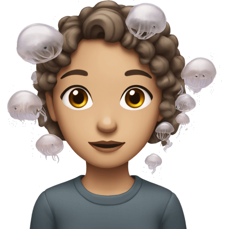 A girl with brown hair and gray eyes with a jellyfish on her head emoji