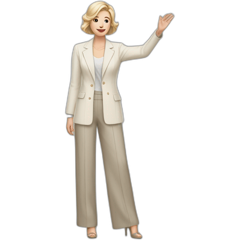 Full height Actively gesturing with hands pale skin woman with ash blonde Straightened bob Hair, White Spacious classical jacket, beige palazzo Arrow pants and gray blouse emoji