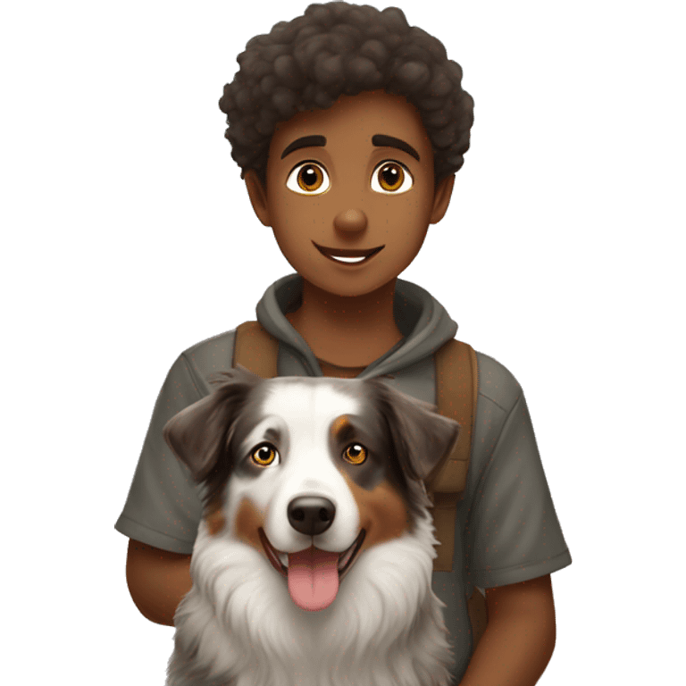 boy with Australian shepherd under sky emoji