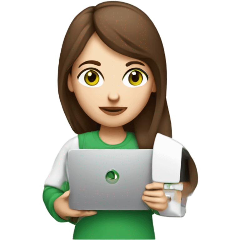 Web designer carrying a pc in her hands. white woman with medium-length brown hair, green eyes and freckles on her nose. emoji