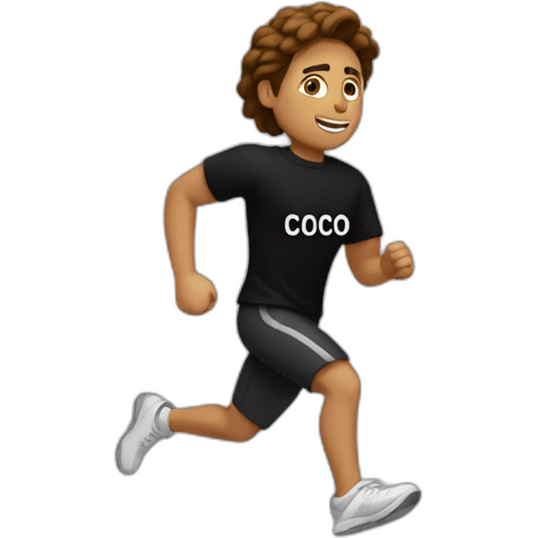 white person running with a black tshirt ans the word COCO in white emoji