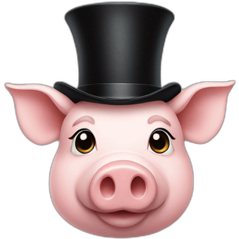 A pig with curls on the side of their Head Wearing a black cylinder hat emoji