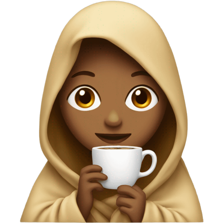 Girl with blanket on head and a cup of coffee emoji