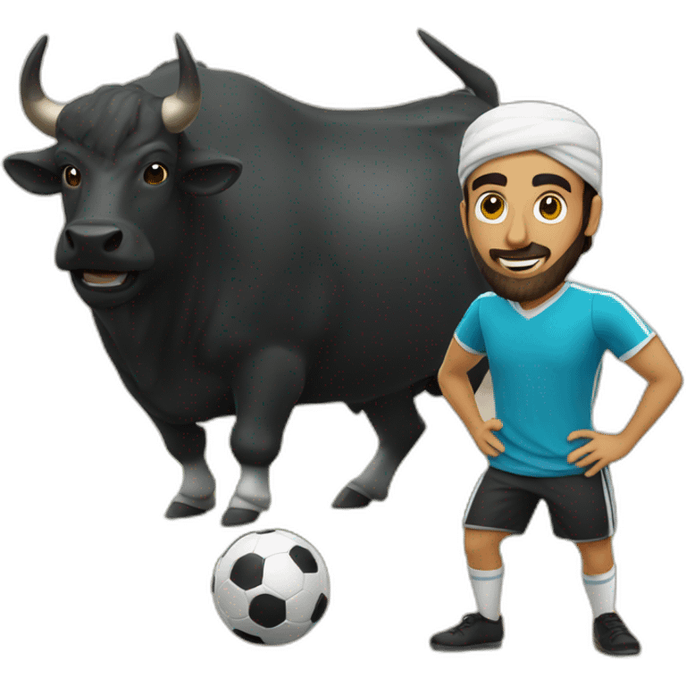 Arab guy playing soccer, a black bull stand in front of him emoji