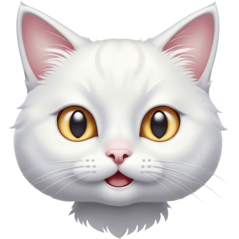 Cinematic Comical White Cat Portrait Emoji, Head tilted in an exaggerated, surprised manner with wide, sparkling eyes, showcasing a pristine white fur with subtle hints of silver and an animated, goofy expression, simplified yet whimsically detailed, glowing with a playful, bright radiance, high shine, exuding a lighthearted and comical charm, styled with a soft glowing outline, capturing the essence of a white cat that looks ready to prance comically off the screen! emoji