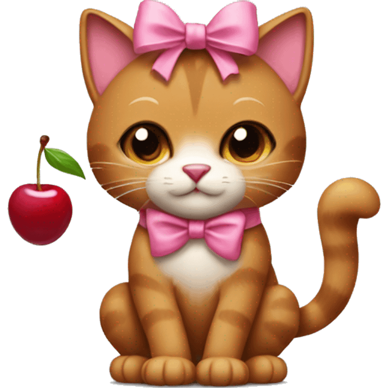 A brown cat with a pink bow on its head holds a cherry in its paw emoji