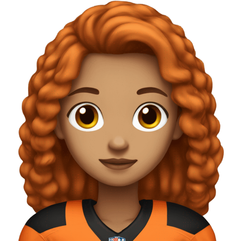 Girl with long brown hair, wearing orange and black Bengals football jersey emoji