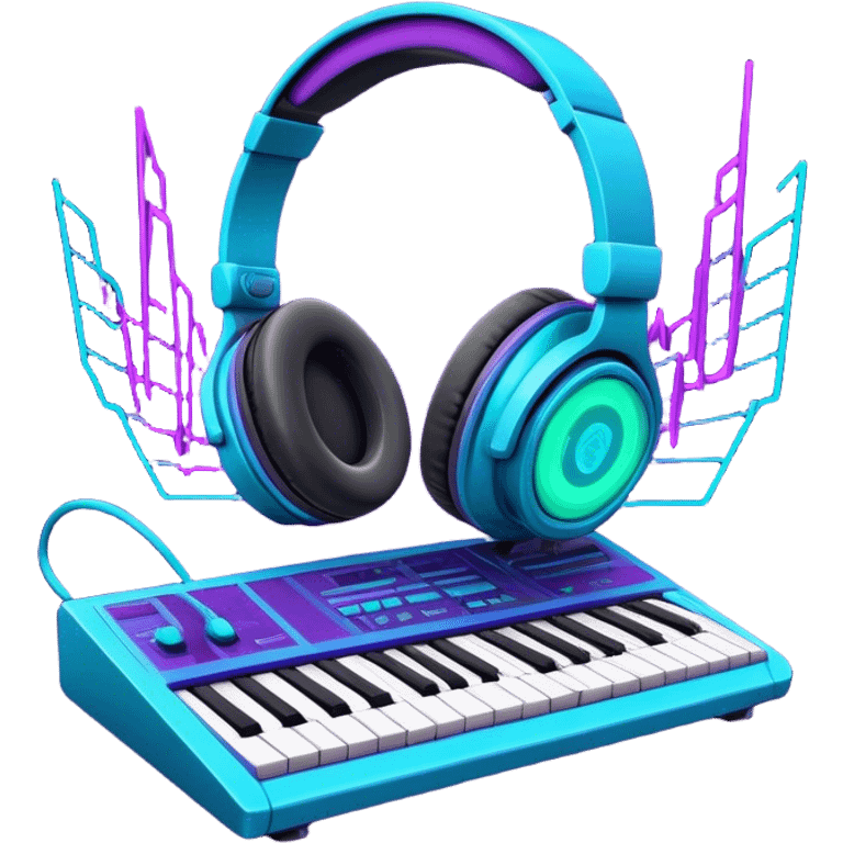 Create a creative and technical emoji that represents sound design. The design should feature a soundwave, a pair of studio headphones, and an audio synthesizer or soundboard to symbolize the manipulation and creation of unique soundscapes. Add subtle elements like audio cables, a mixing console, or a waveform to reflect the technical aspect of sound design. Use vibrant, futuristic colors like neon blue, purple, and green to represent innovation and creativity in sound. The background should be transparent. emoji