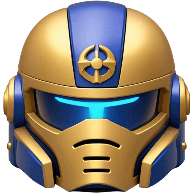 Clash of Clans aesthetic: Cinematic Playful Space Marine Helmet Emoji, rendered in a 3D vector-style similar to standard emojis with minimal shading and bold, simplified shapes. A compact, heroic isometric helmet with futuristic, armored detailing and a glowing visor, softly glowing with a battle-ready cosmic charm. Simplified yet unmistakably iconic, highly detailed and consistent, glowing with a soft radiant shine and high gloss. Stylized with a touch of interstellar valor and a soft glowing outline, capturing the essence of an elite warrior’s helm with a friendly, playful spirit! emoji