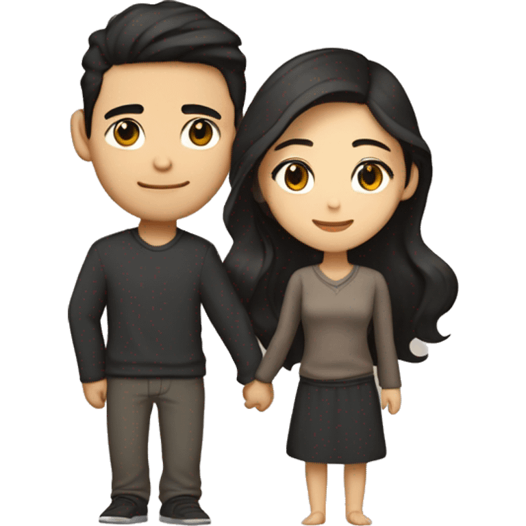 A half pale Asian man with short dark hair and amber eyes embracing and loving a half Asian woman with long wavy dark hair and dark hazel eyes. They love each other a lot And have good fashion taste. emoji