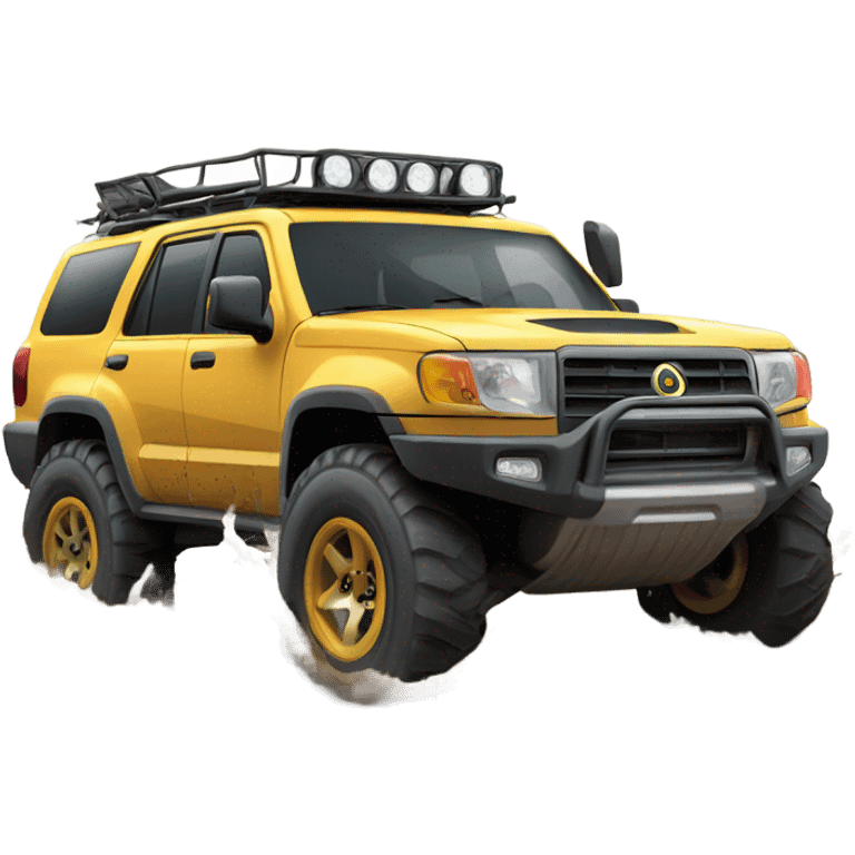 An off-road SUV facing a road full of mud and rocks, with big tires and mud splashing around, showing resistance and adaptability. emoji