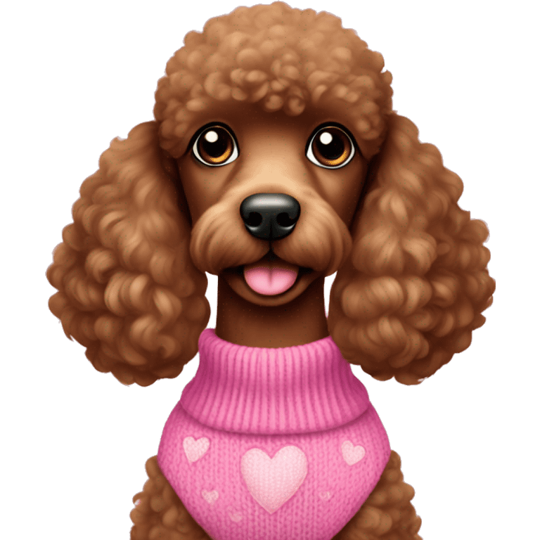 brown poodle in pink sweater with hearts emoji