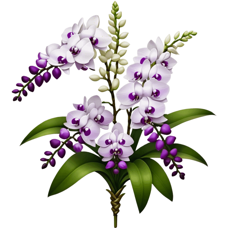 big bouquet white purple Rhynchostylis Orchid, stem, leaf, luxuriant emoji