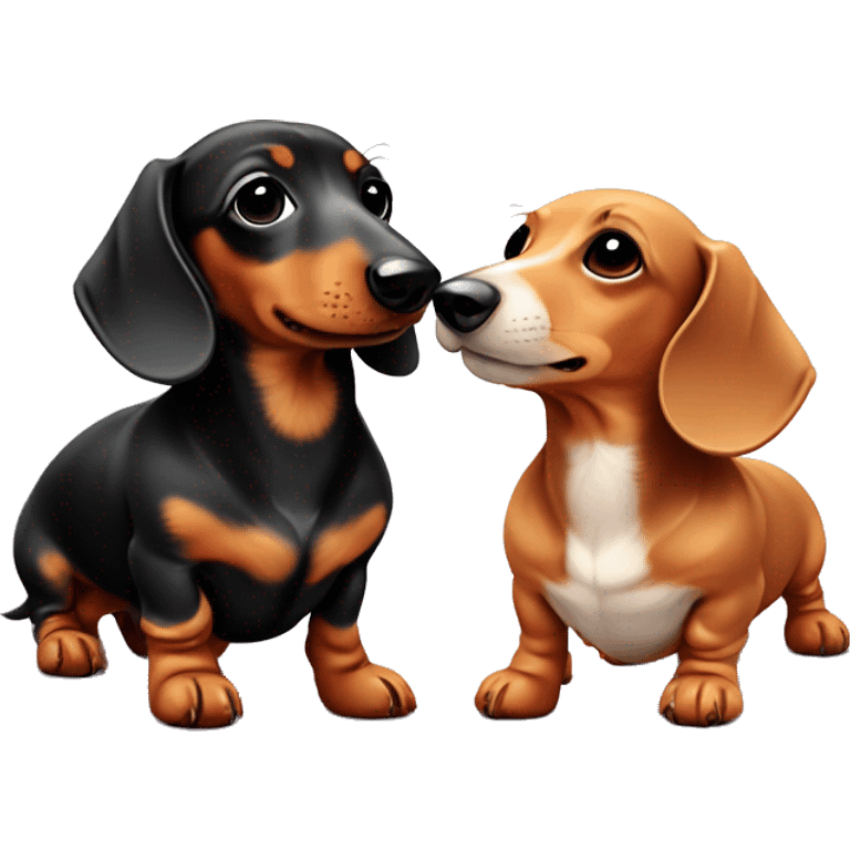 Two mini dachshund of different sizes and colours in love with a love heart emoji