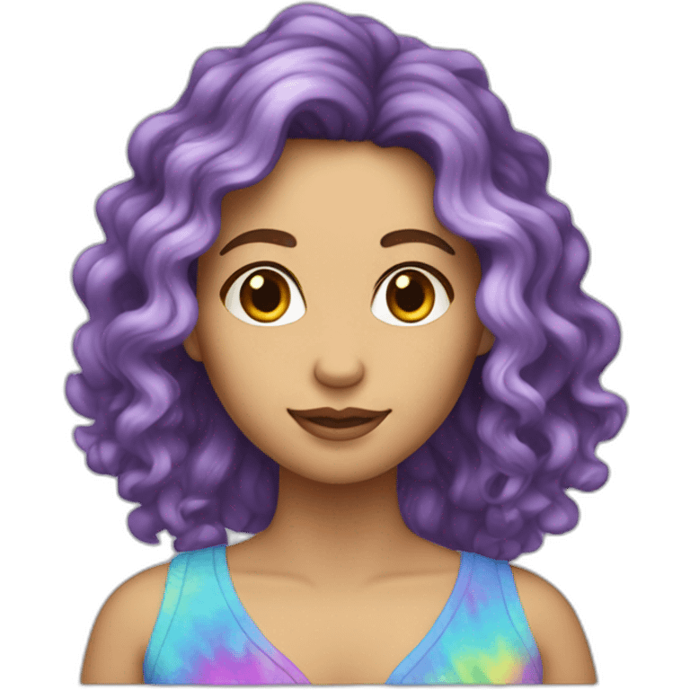 long curly hair white woman wearing tiedye emoji