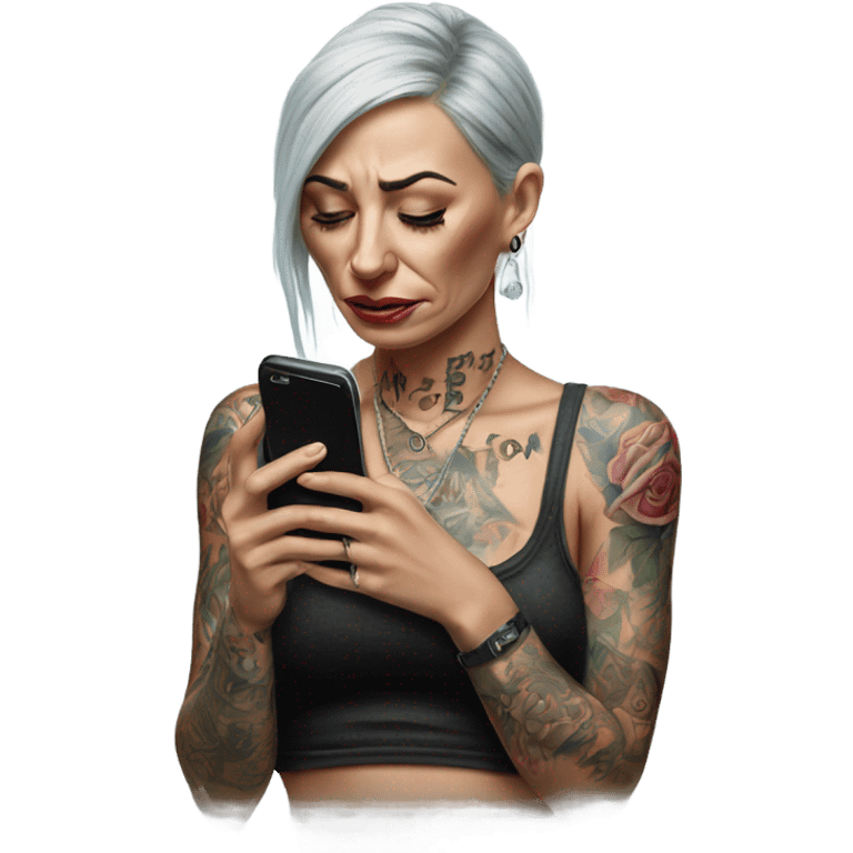 Hyper Realistic Beautiful tattooed woman crying holding a phone  emoji