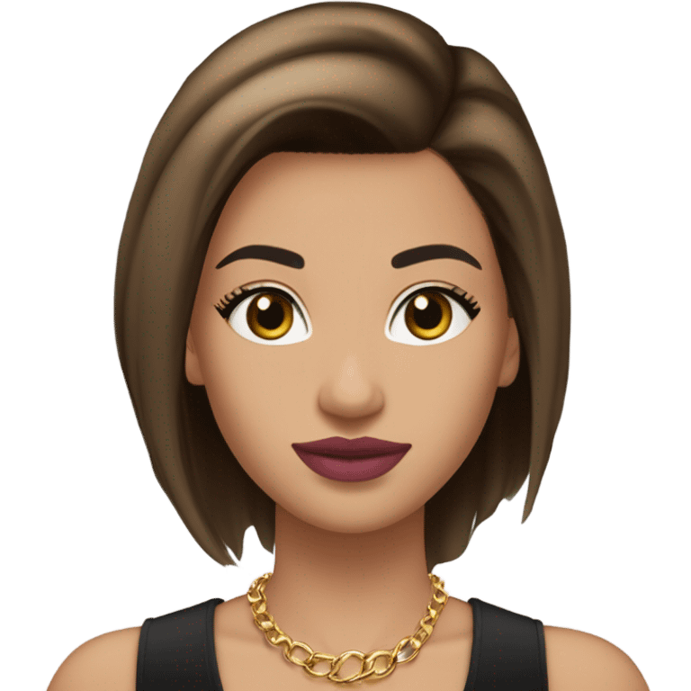 Medium-light skin, straight medium brown hair, dark brown almond eyes, full pink lips, defined brows, black top, gold necklaces, small hoop earrings emoji