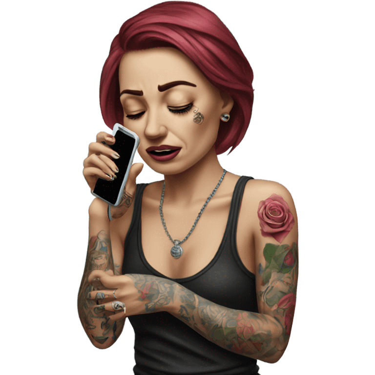 Hyper Realistic Beautiful tattooed woman crying holding a phone  emoji